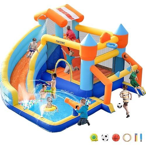 Bounce House, Inflatable Bounce House with Water Slide for Kids Indoor & Outdoor, Bouncy Castle with Football Frame, Water Cannon, Basketball Hoop & Ring Toss, Water Slides for Kids Backyard