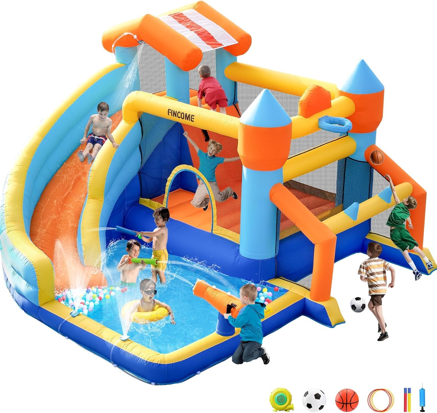 FINCOME Bounce House, Inflatable Bounce House with Water Slide for Kids Indoor & Outdoor, Bouncy Castle with Football Frame, Water Cannon, Basketball Hoop & Ring Toss, Water Slides for Kids Backyard