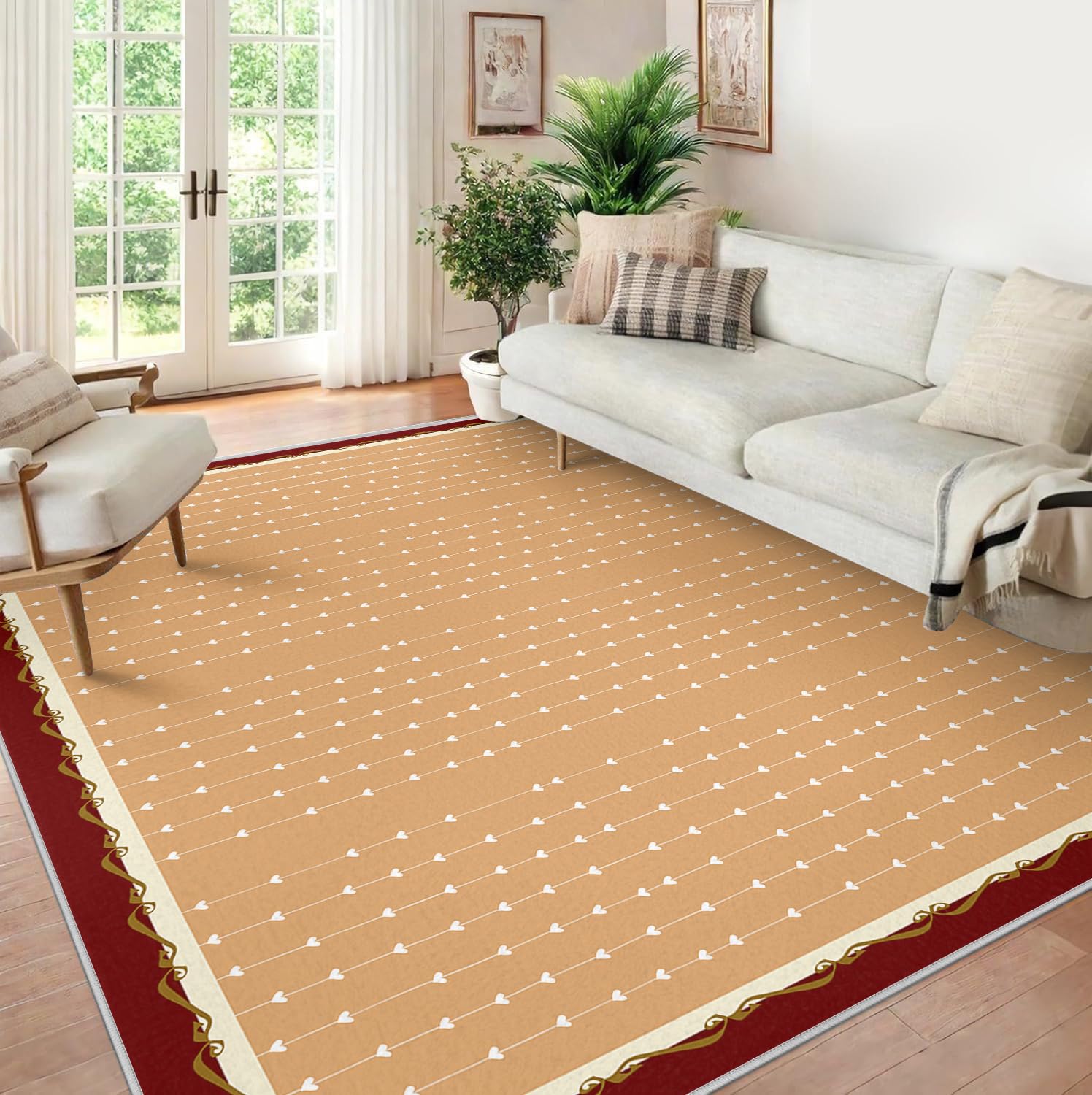 Tapis 200x300cm marron rayé à motifs cœur pour grand salon et chambre moderne