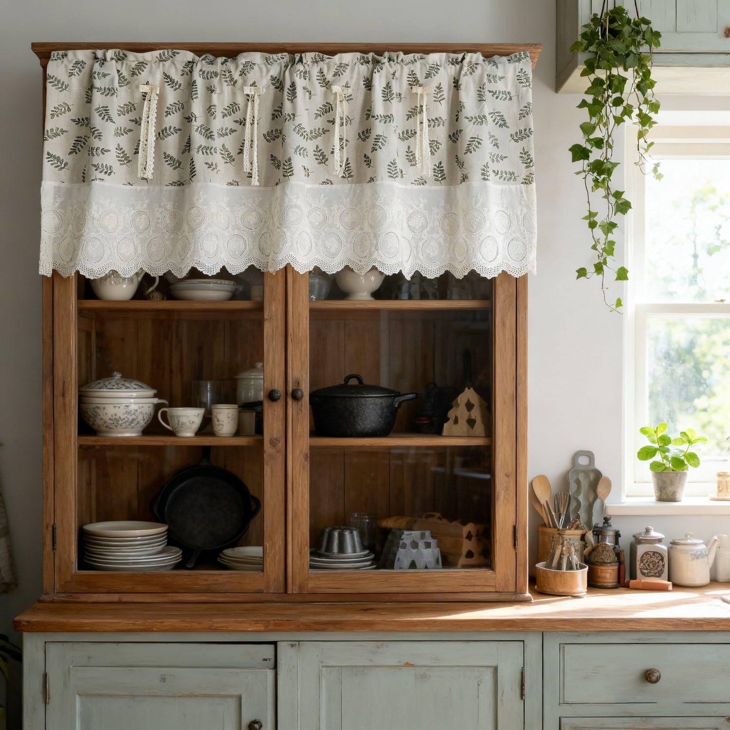 Vintage Kitchen Curtain Cotton Valance Rod Pocket Short Curtain for Small Windows Bathroom Leaves Printed Splice White Floral Embroidery Lace Farmhouse Window Treatment Tiers 1 Panel, W55 x L35 inch