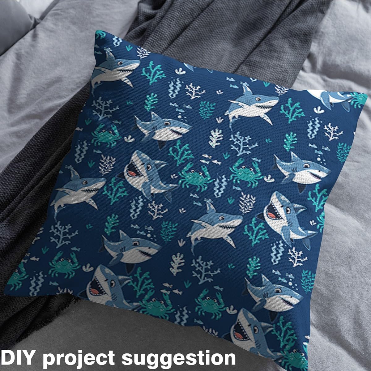 Erosebridal Shark Upholstery Fabric Cute Cartoon Shark Fabric by The Yard for Kids Boys Crab Coral Water Grass Decorative Fabric Underwater World Animals Themed Waterproof Fabric,Blue 2 Yards