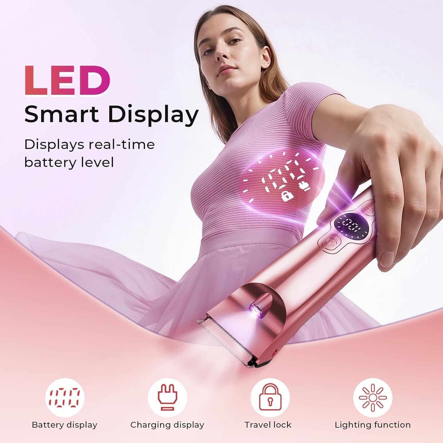 4-in-1 Bikini Trimmer for Women, IPX7 Waterproof Painless Electric Razors for Women, Cordless Lady Pubic Hair Trimmer & Body Shaver with Ceramic Blades for Sensitive Skin, Wet & Dry Use, Pink