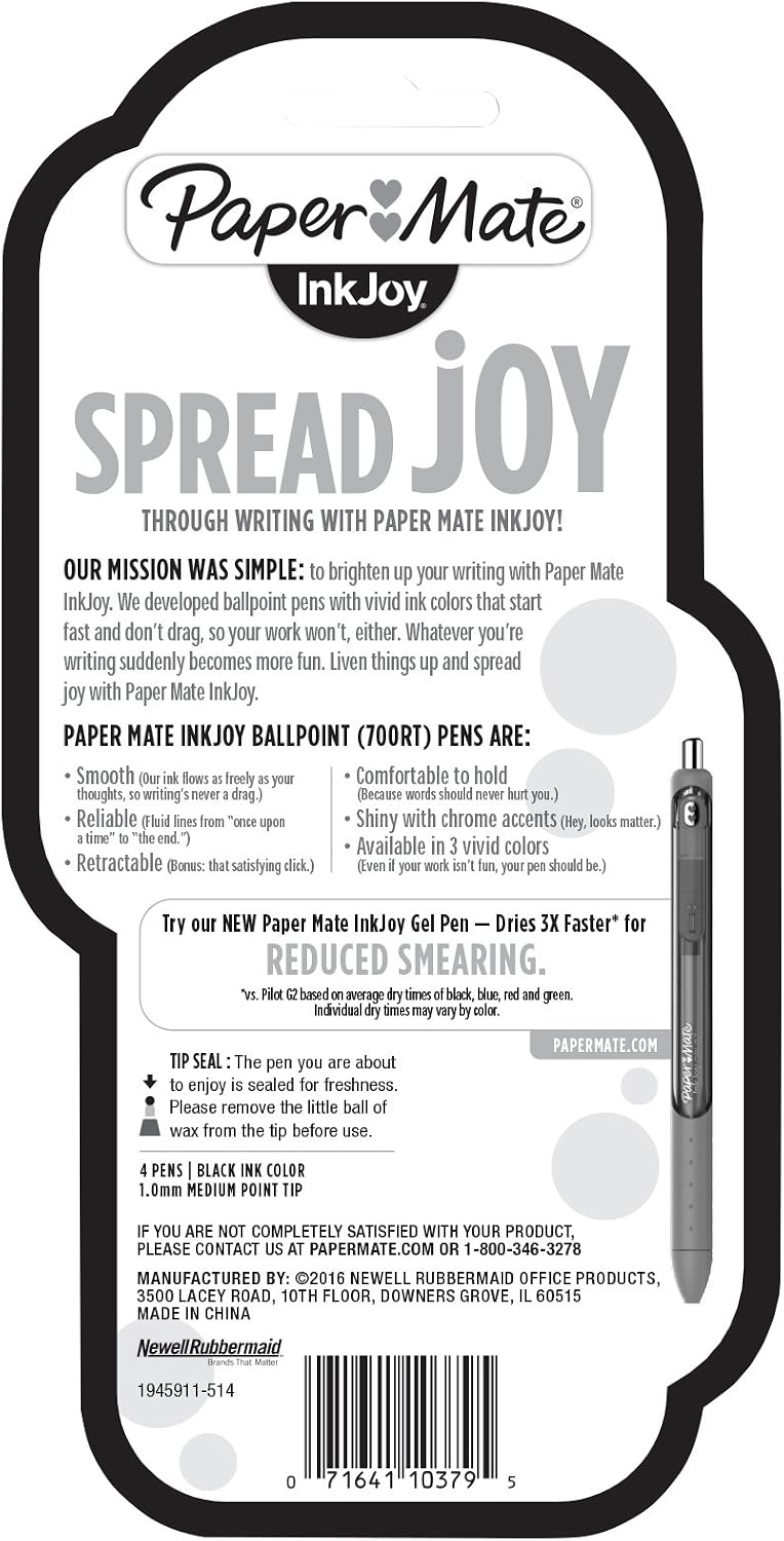 Paper Mate InkJoy 700RT Retractable Ballpoint Pens, Medium Point, White Barrel, Black Ink, 4 Pack (1945911)
