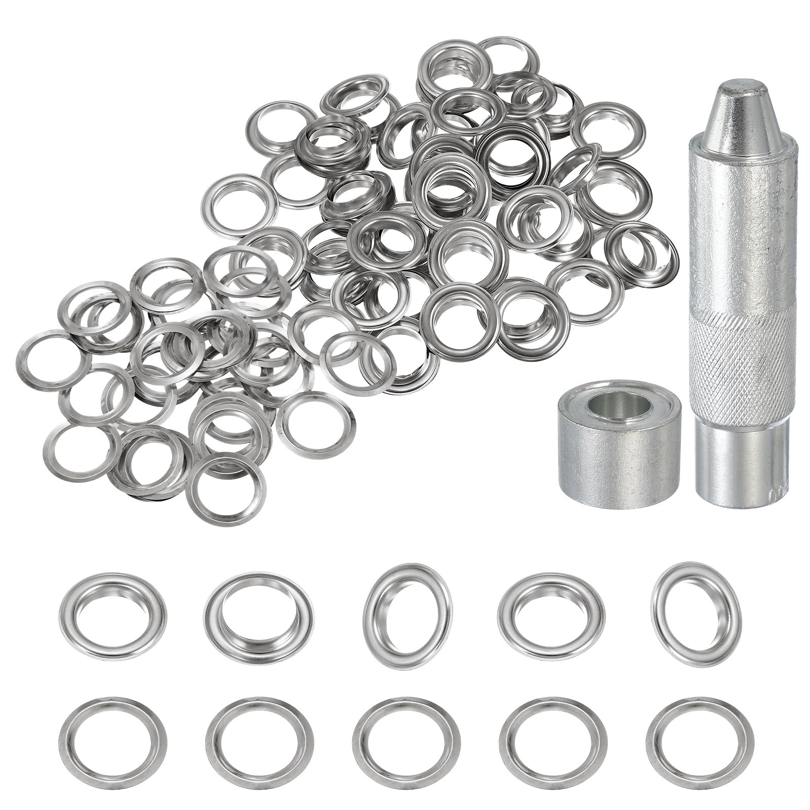 sourcing map Juego de 80 ojales de cobre de 18 mm con arandelas y herramienta de ajuste para cortinas de tela, lonas de cuero, cinturón, zapatos, bolsas, bricolaje, color plateado