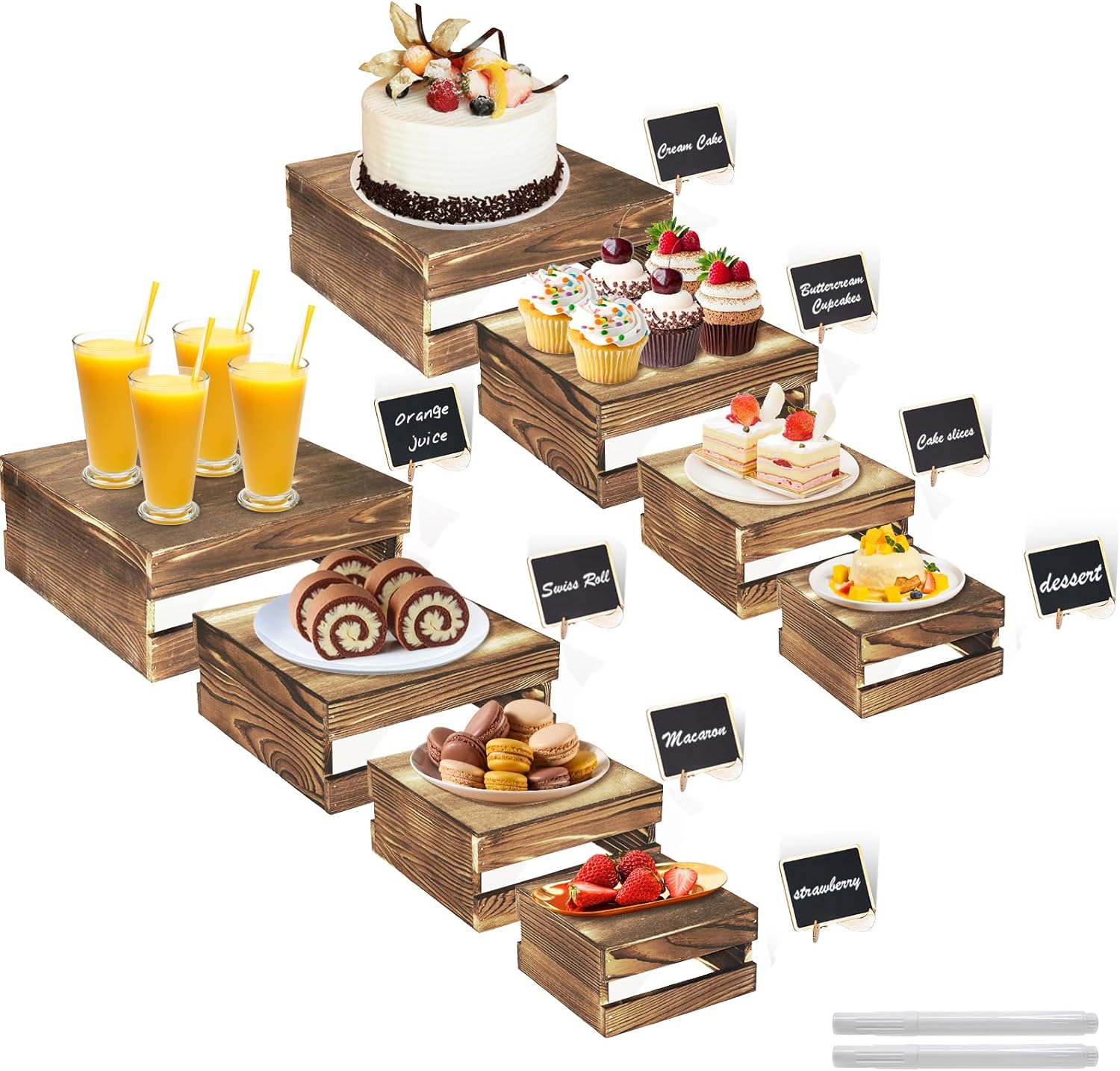 Amazon.com | 8 Pcs Buffet Risers with Mini Signs, Rustic Wood Cake ...