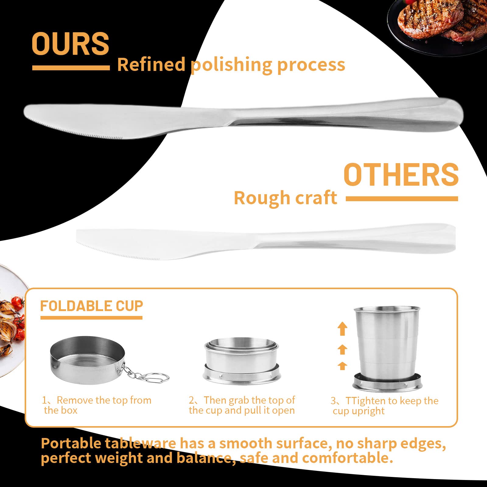 Kit Couverts Camping 6-en-1 Pliable En Acier Inox – Couteau, Fourchette, Cuillère, Ouvre-bouteille, Décapsuleur