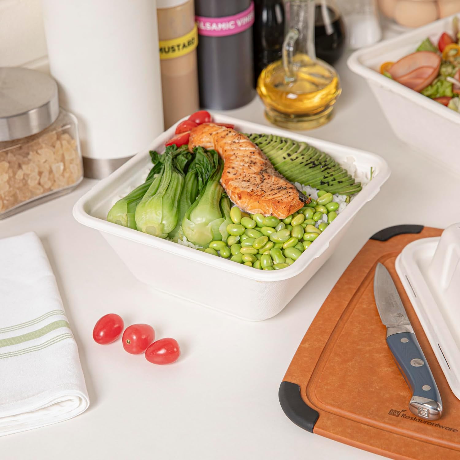 Restaurantware Pulp Safe No PFAS Added 80 Ounce Square Bowls 100 Disposable Bowls - Lids Sold Separately Home Compostable White Bagasse Bowls Freezable And Microwavable For Hot And Cold Foods