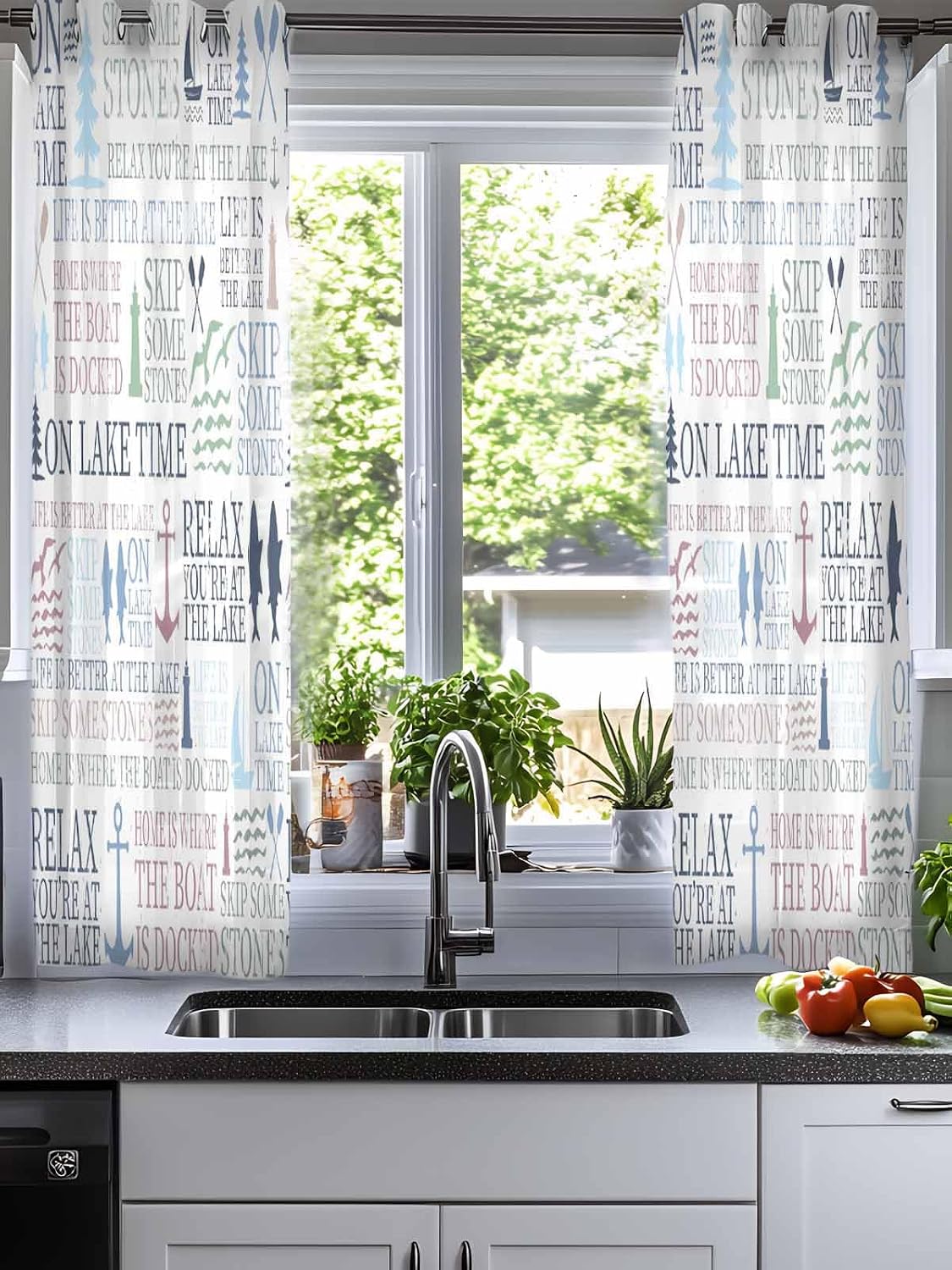 Lake Life Sheer Curtains 39 Inch Long 2 Panels, Colorful Word Pine Tree Boat Paddle Lighthouse Fish Light Filtering Semi Sheer Drapes Grommet Voile Window Curtain for Living Bedroom W27.9 x L39 image 3