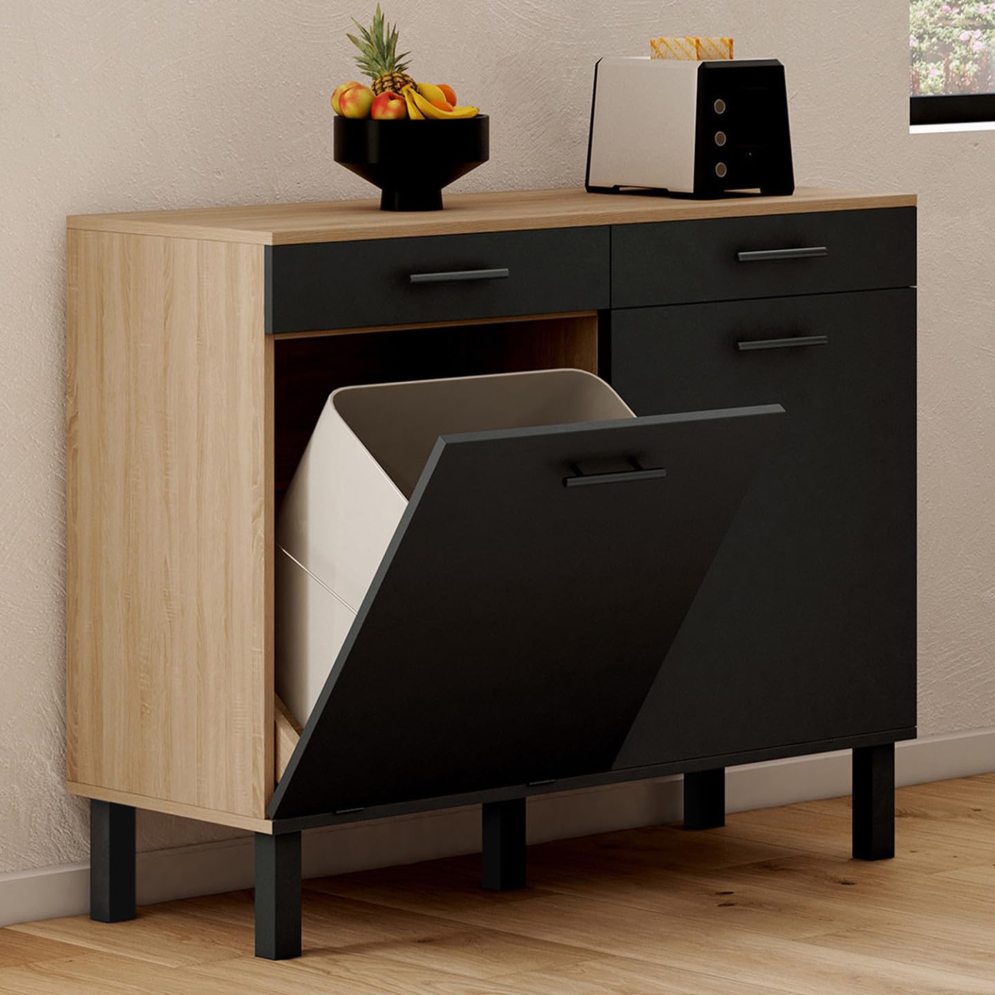 IDMarket - Küchenbuffet mit Abfalleimer 100 cm CINA Arbeitsplatte H.83 cm 2 Türen + Schubladen in Buchenholzoptik und Schwarz