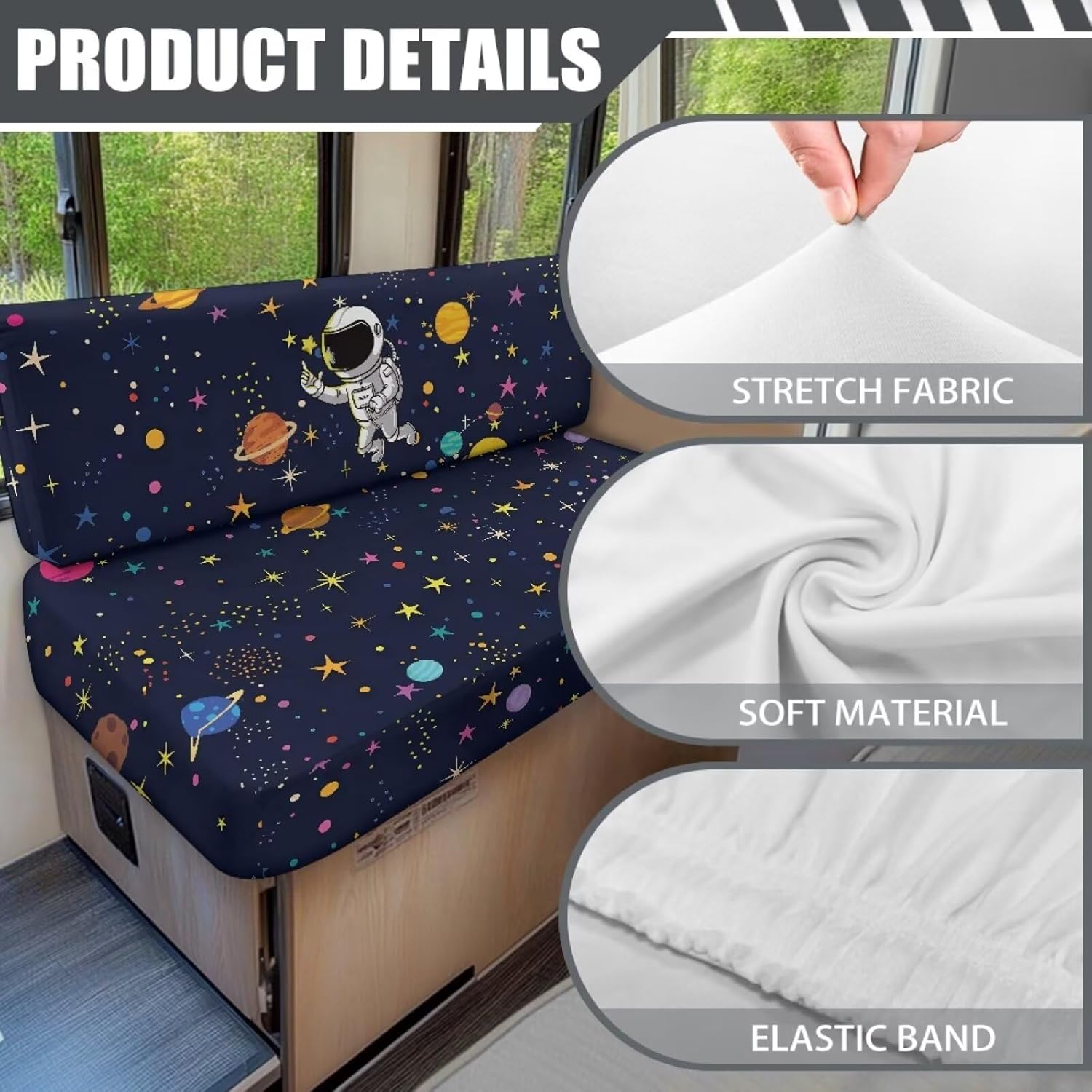 Yewatlles Galaxy Astronaut 2 Set RV Dinette Cushion Covers Elastic Cushion Slipcovers Stretchable RV Sofa Cover Loveseat Furniture Protector for RV Camper Car Bench