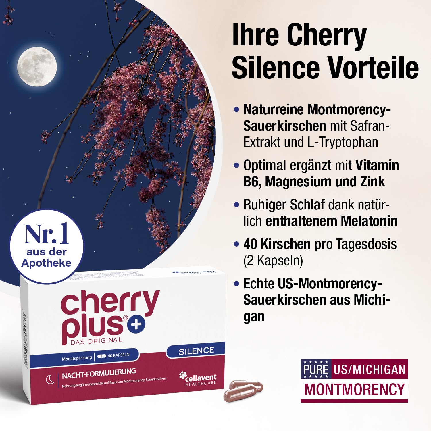 Montmorency Sauerkirschen Kapseln - Natürliche Schlaftabletten mit Safran-Extrakt, L-Tryptophan, Magnesium, Zink & Vitamin B6 - Cherry PLUS Silence, 180 Kapseln