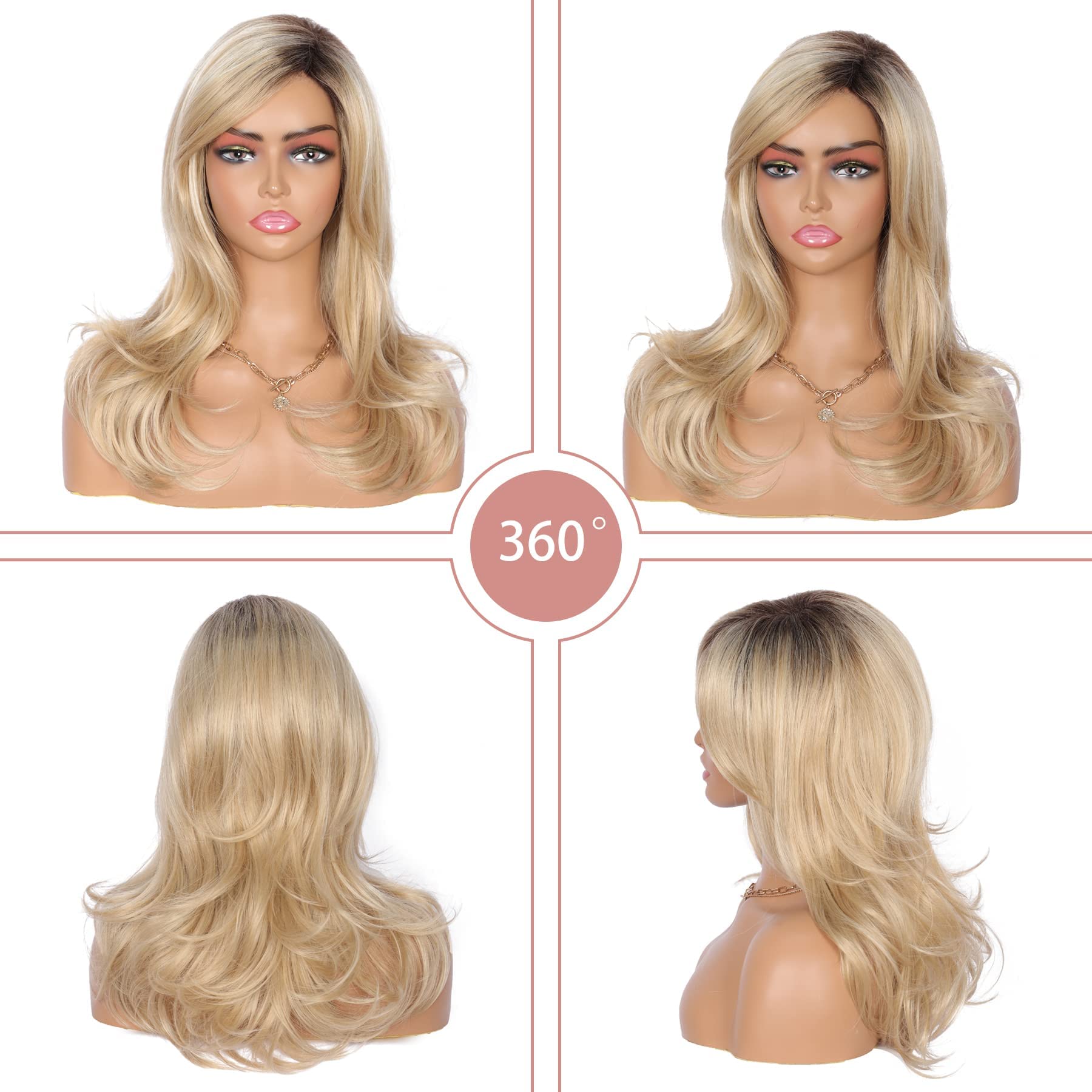 Amazon.com : Kalyss Ladies Ombre Blonde Dark Brown Roots Long Curly Wavy  Heat Resistant Synthetic Hair Wig for Women Blonde Wig with Bangs : Beauty  & Personal Care
