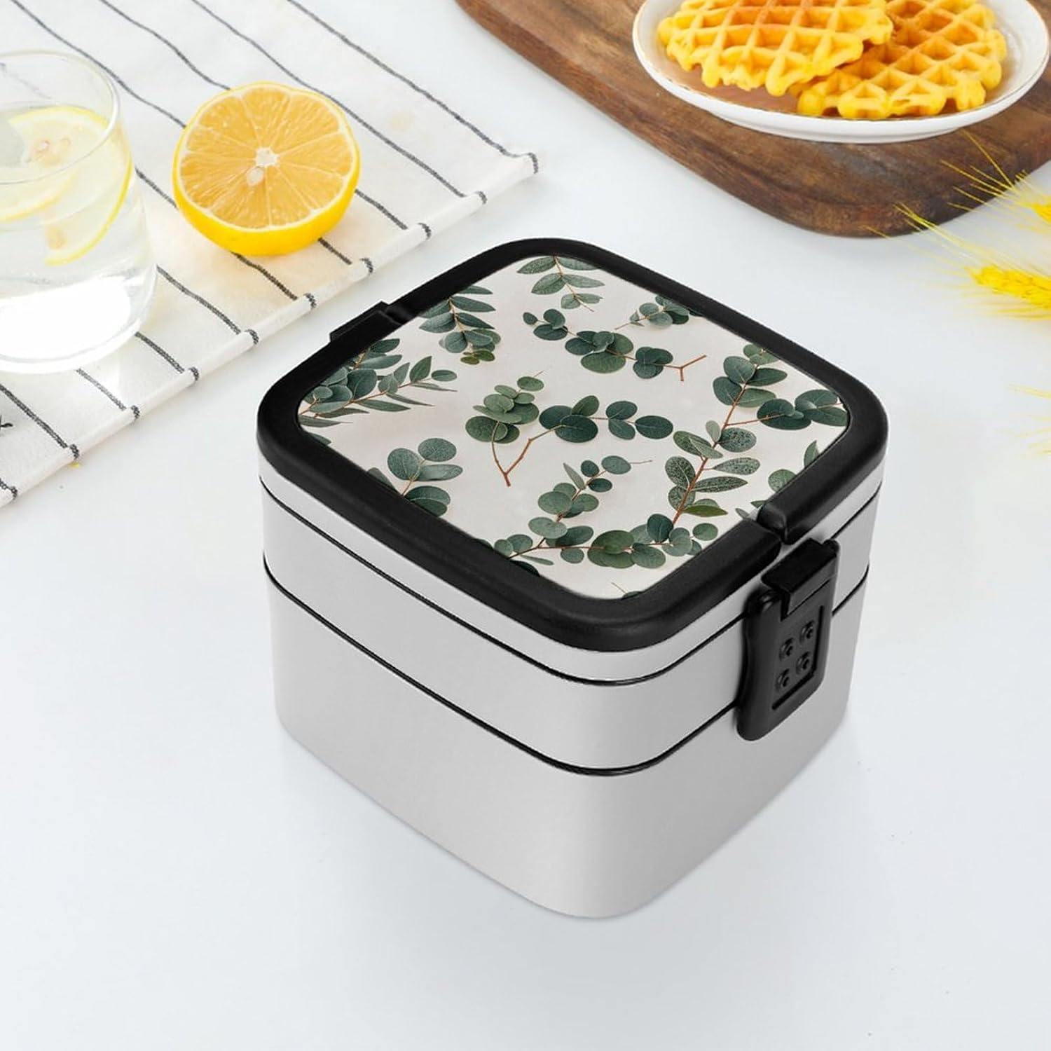 Bento Box with Spoon And Handle Eucalyptus Printed Stackable Bento Box Portable Bento Lunch Box Container for Work Camping And Travel