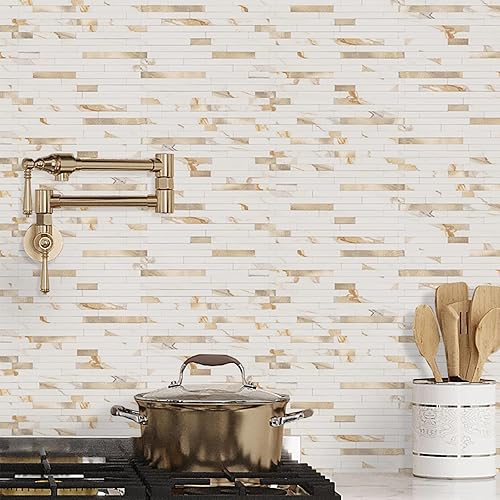 Miniatura 5 de STICKGOO 20 hojas de azulejos autoadhesivos para salpicaduras de cocina y baño, azulejos de pared autoadhesivos de PVC con aspecto de mármol dorado
