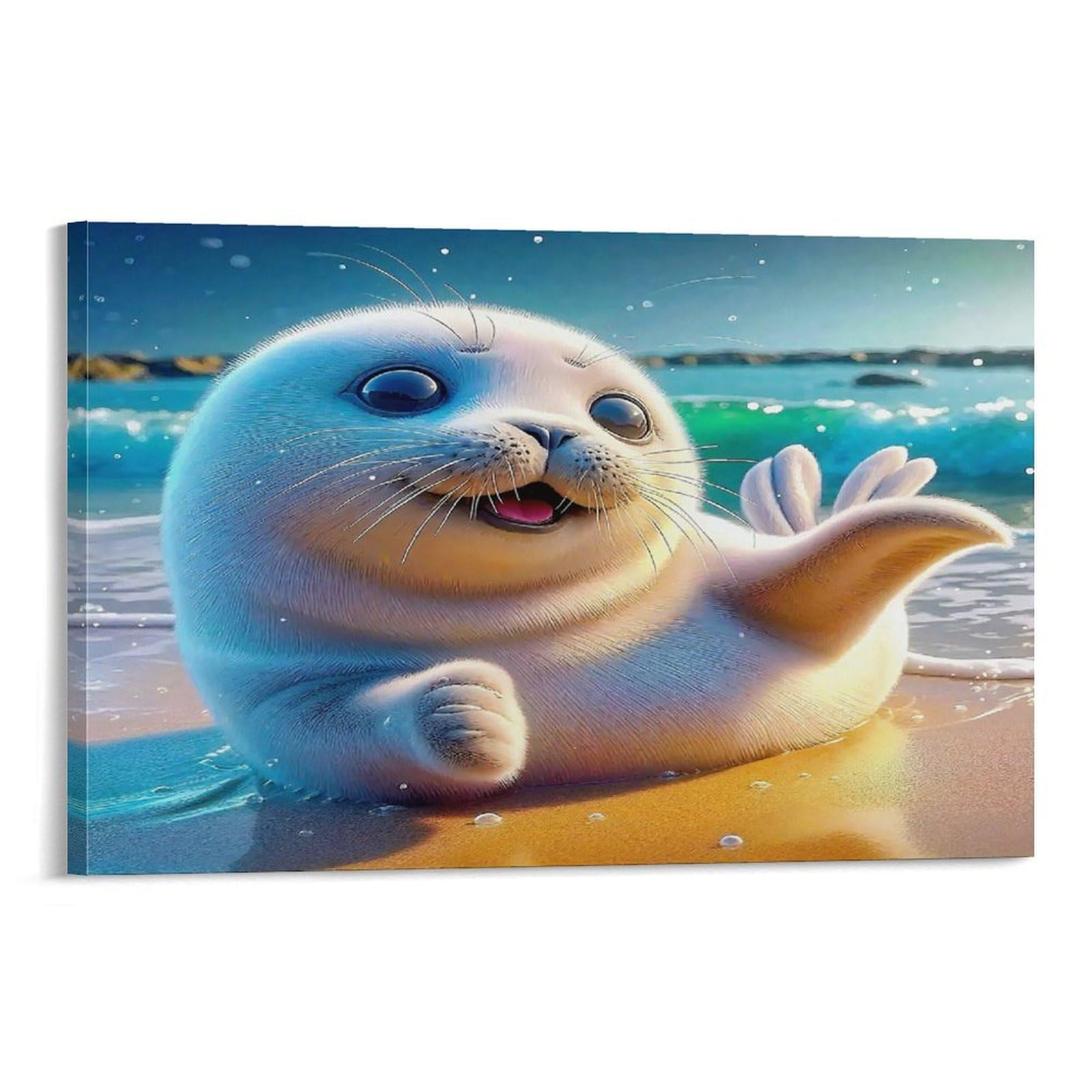 CPLVKWRQJ Seal Single Piece Cute Baby Seal Waving on Sunny Beach Framed Canvas Print - Bedroom Statement Piece Easy to Clean Ready to Hang 08x12inch(20x30cm)
