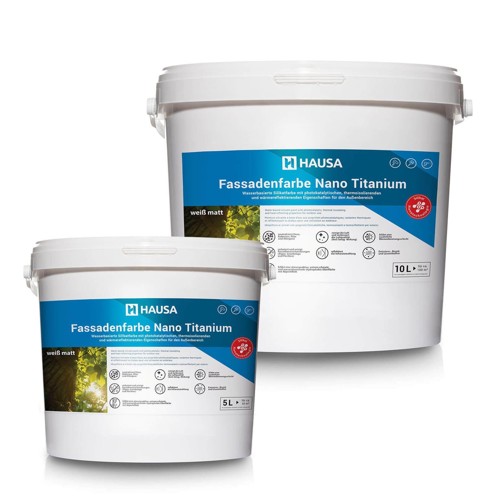 HAUSA Fassadenfarbe Nano Titanium 5L weiß matt Wandfarbe für Außen mit Abperleffekt, extrem wetterbeständig, energiesparend thermoisolierend, reinigt die Luft (Anti-Smog Wirkung) algenresistent