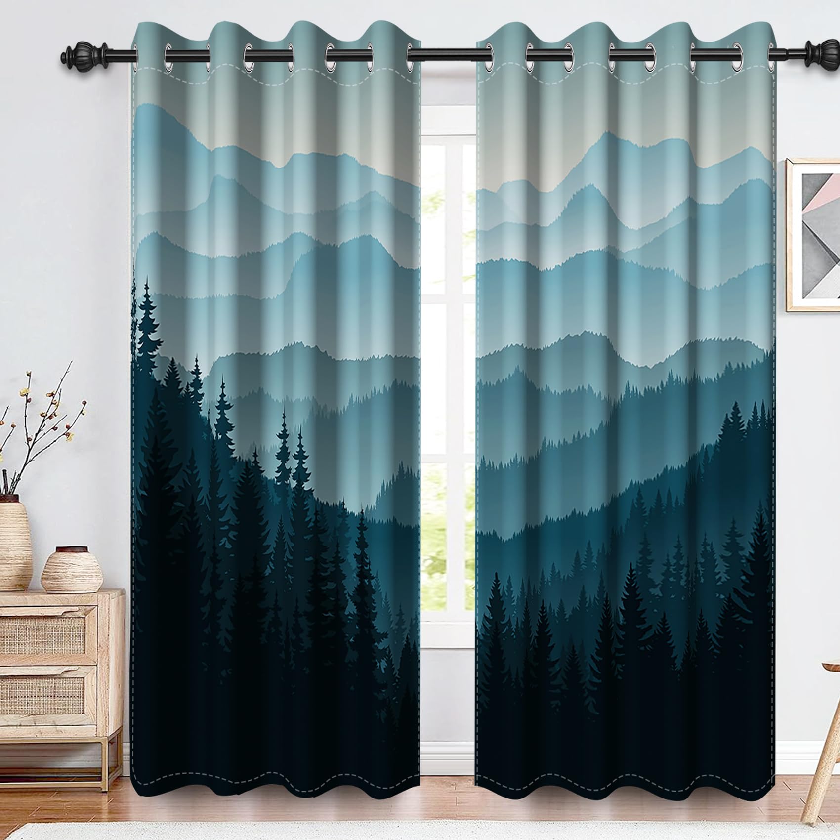Rideaux occultants fenêtre forêt de montagne arbres brumeux chambre salon 160cm