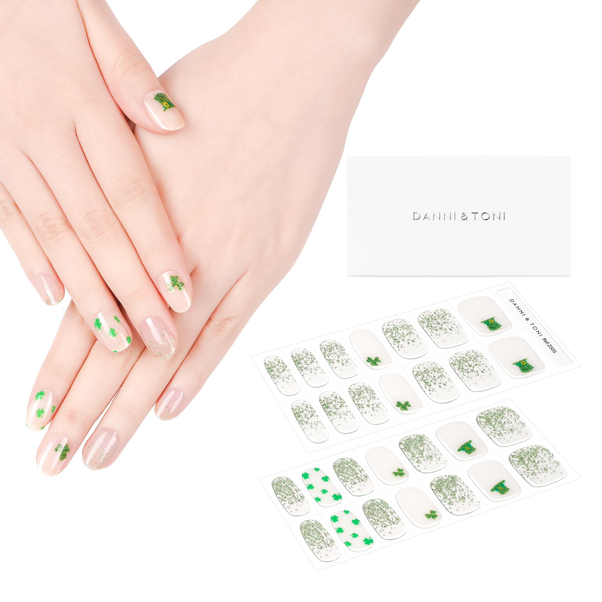 DANNI & TONI Semi Cured Gel Nail Strips - Shamrock Chic St. Patrick's Day Gel Nail Stickers - 28 Green Glitter Semicured Wraps