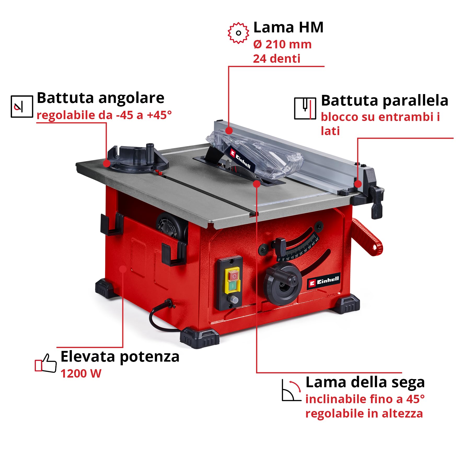 Sega circolare da banco Einhell TC-TS 8 (1200 Watt, altezza di taglio 45 mm, lama Ø 210 mm, guida angolare, battuta parallela, attacco di aspirazione nell'alloggiamento)