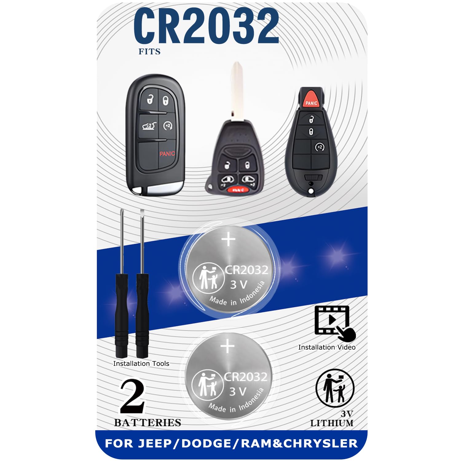 2 Pack Key Fob Replacement Battery for Jeep Dodge Ram Chrysler (Cherokee Caravan Town & Country Charger Compass Durango Challenger Journey Renegade