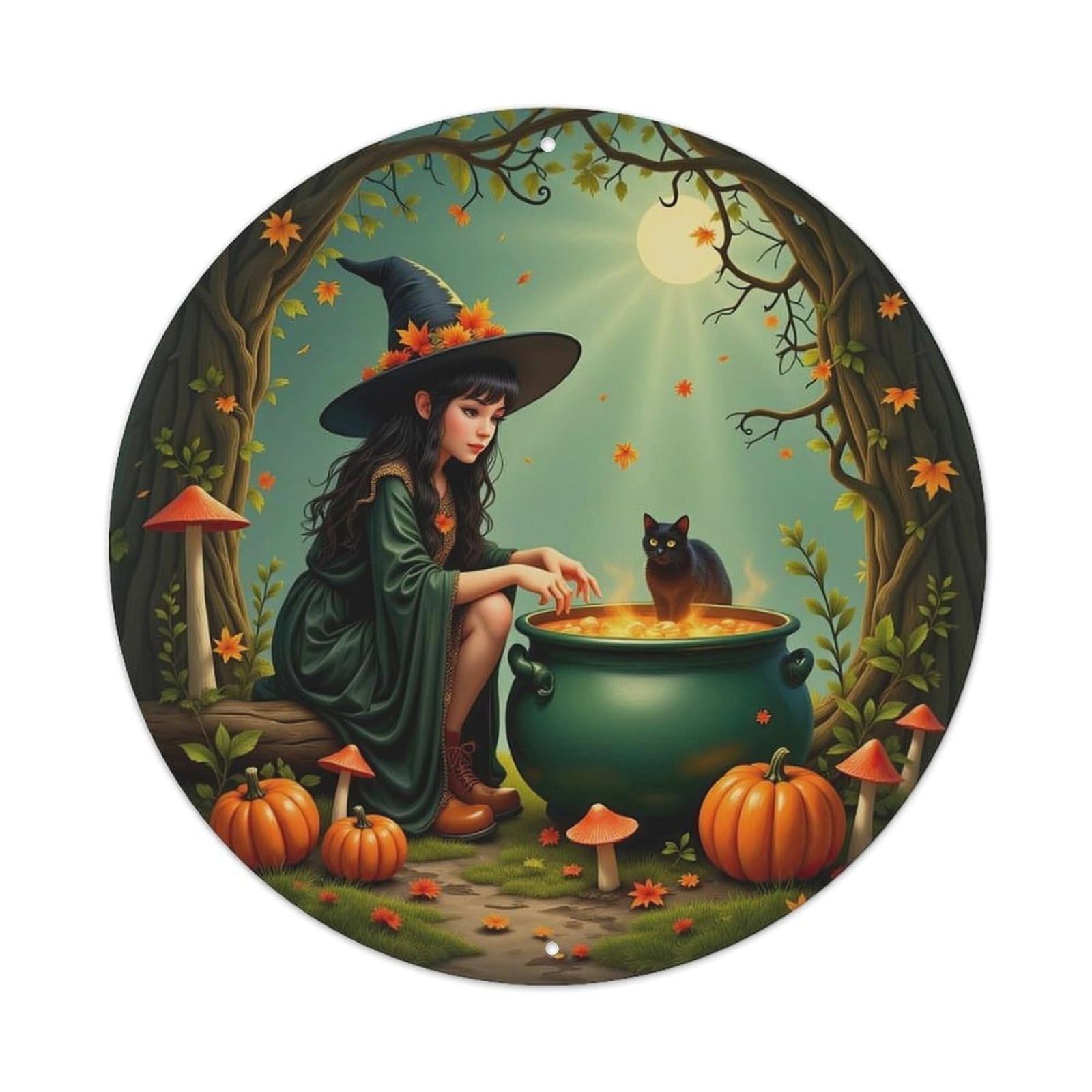 Witch Cauldron Pumpkin Forest Moon Metal Tin Sign