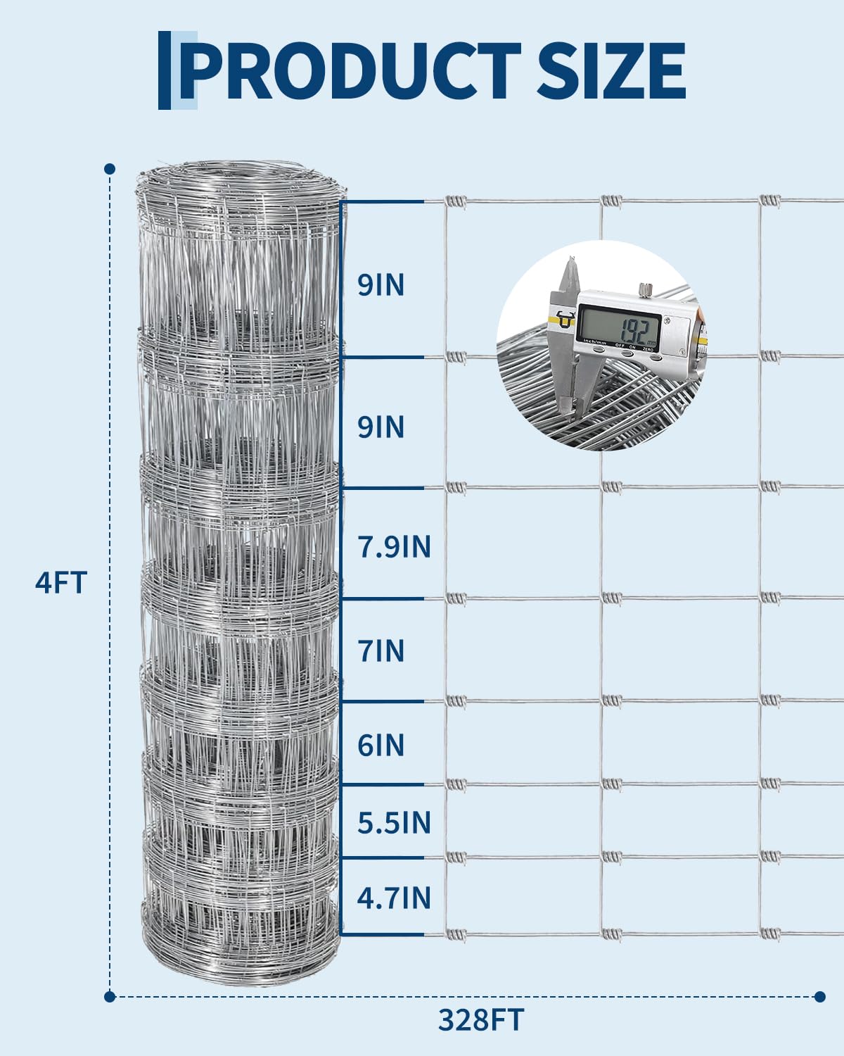 4ft x 328ft Galvanized Cattle Fence, 14GA Heavy Duty Zinc-Coated Livestock Wire Fence for Deer, Hog, Goats, Durable Mesh for Yard Livestock Animals Protection