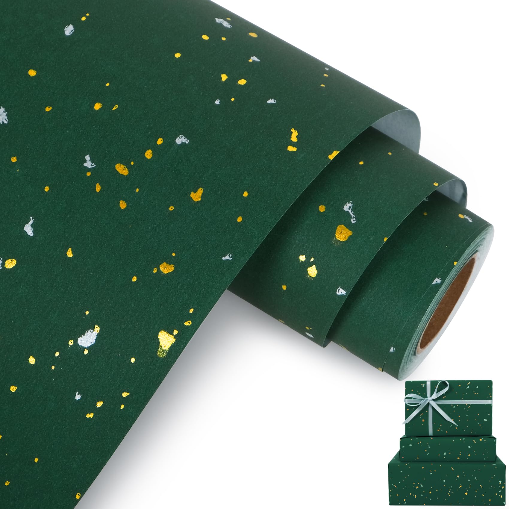 Aimyoo Ciemnozielona rolka papieru do pakowania - mini rolka - 40 cm x 90 cm - ciemnozielona ze złotymi płatkami foliowy wzór na Boże Narodzenie, ślub, urodziny, święta, uroczystości