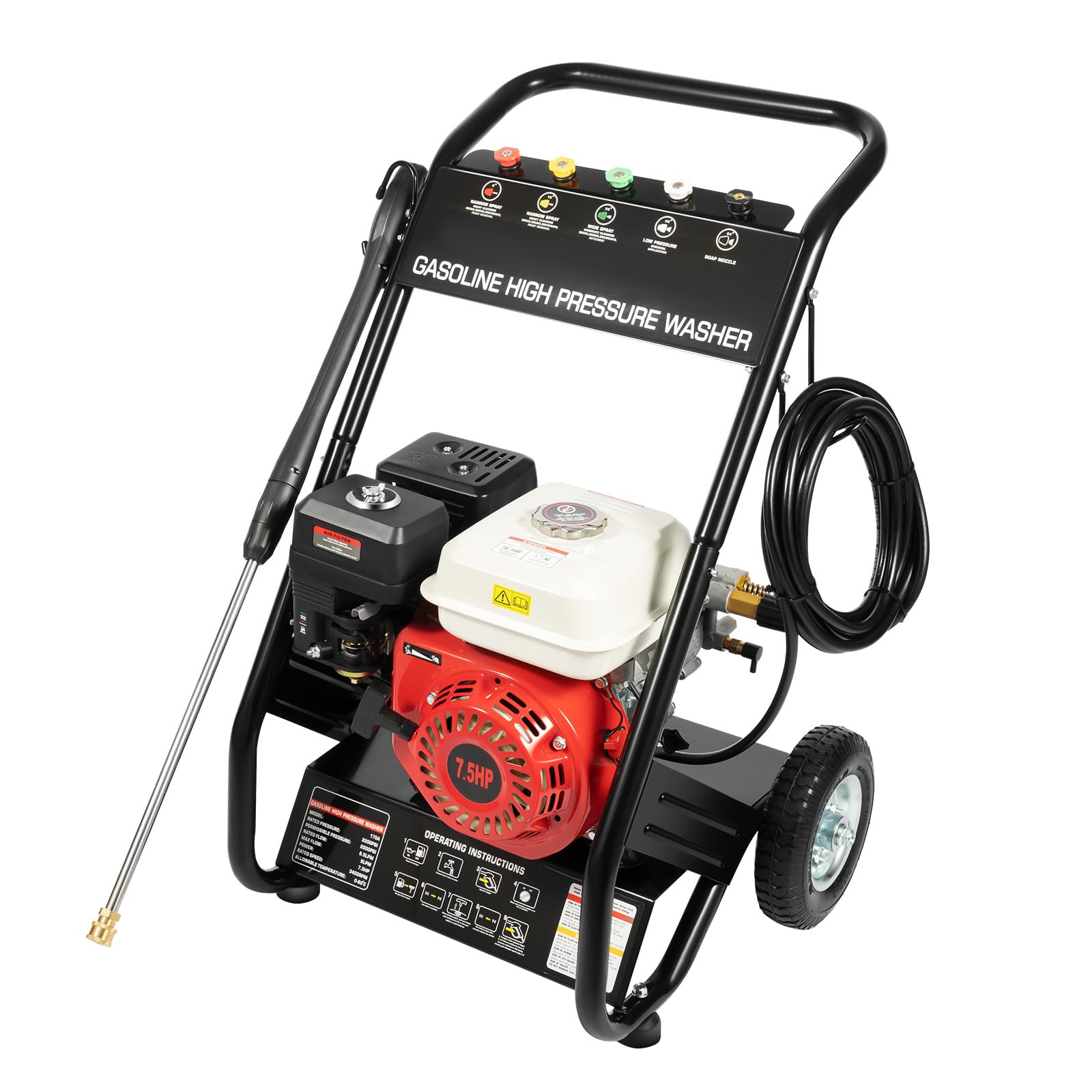 7.5HP 4-Stroke Gasoline Cleaning Machine High Pressure Cleaner 2200PSI 3400RPM Gasoline Engine Steam 2.3GPM with Filter Hook Foot Pad Gun