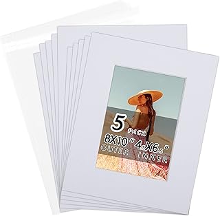 Acid-Free 5 Pack 8x10 Pre-Cut Mat Board Show Kit for 5x7 Photos, Prints or Artworks, 5 Core Bevel Cut Matts and 5 Backing Boards and 5 Crystal Plastic Bags, White