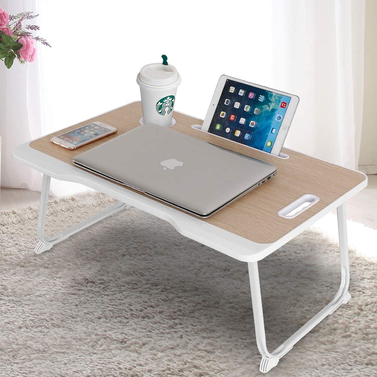 VLikeze Foldable Laptop Desk, Portable Laptop Bed Table Tray for Bed, Lap Stand Notebook Holder with Handle and Cup Holder, Breakfast Serving Tray Dorm Desk for for Bed Sofa Couch (Yellow)