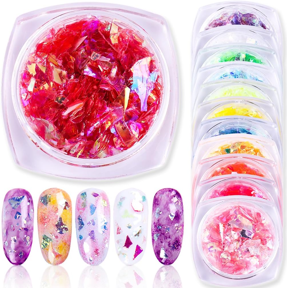 PINPAI 12 Colors Nail Glitter Shell Paper, Nails Shell Effect Foil Art Shattered Ice Mylar Paper 3D Diy Manicure Nail Art Decoration Nail Stickers Tools