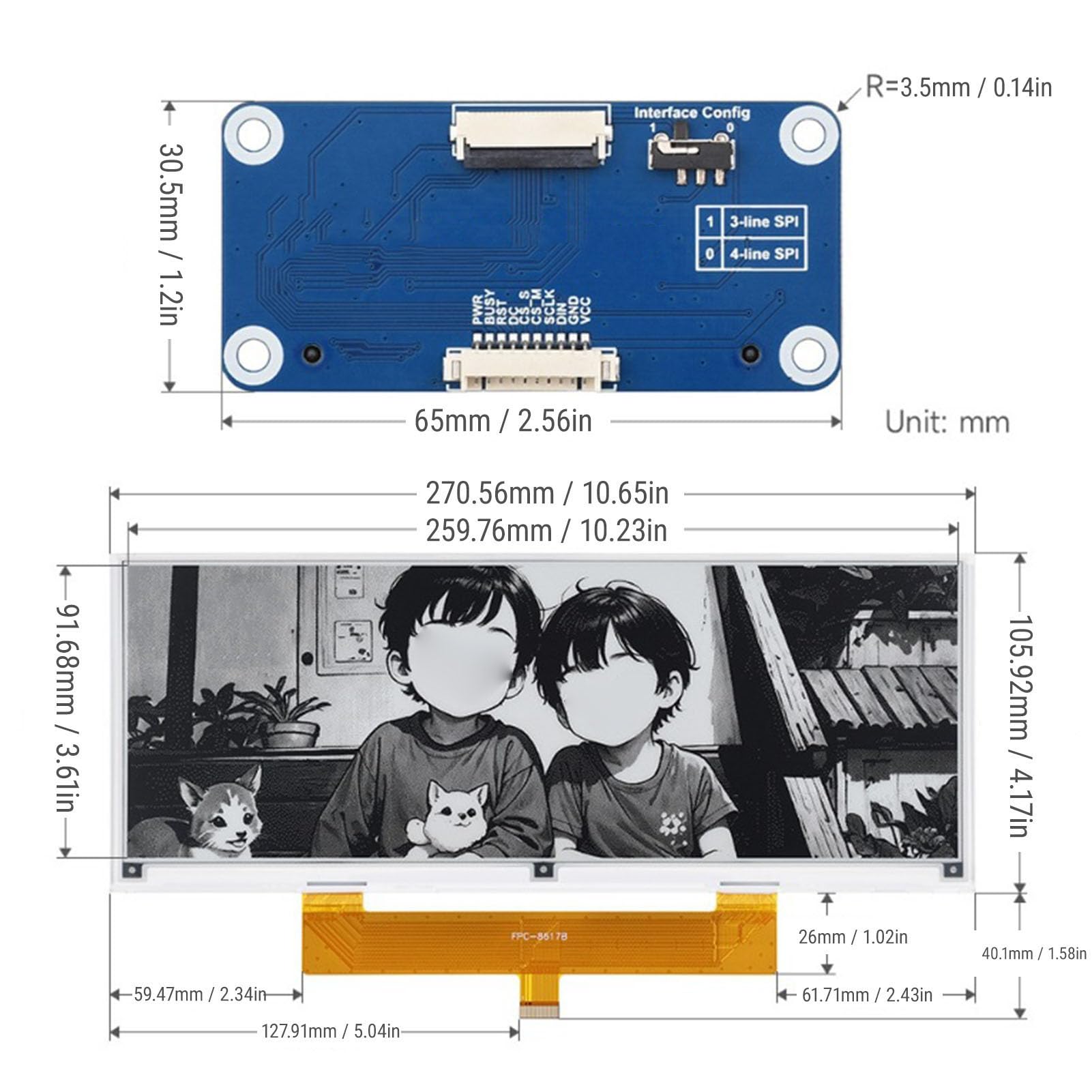 Goshyda Display Carta Elettrica da 10,85 Pollici 1360x480 SPI in Bianco e per Scheda Driver Pi 5 4B 3B Zero Pico, Modulo Schermo Inchiostro Elettronico a Basso Consumo Adatto per