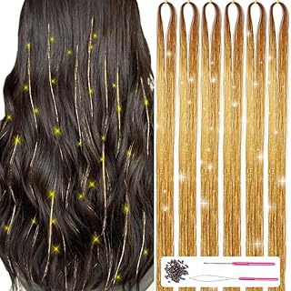 Hair Tinsel with Tools 47Inch 1200 Strands Glitter Tinsel Hair Extensions Sparkling Shiny Fairy Hair Tinsel Strands Kit Heat Resistant Hair Accessories for Women Girls 6Pcs (Gold)