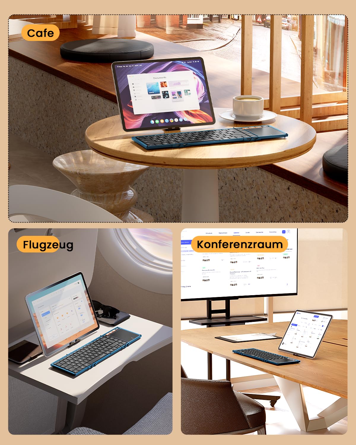 ProtoArc XK01 TP Klawiatura Bluetooth składana z touchpadem – QWERTZ niemiecki z gładzikiem, klawiatura iPad do iOS, Android, Windows Laptop PC Tablet – niebieska