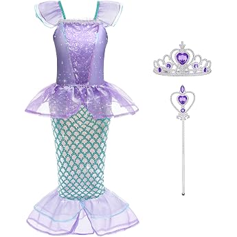ACWOO Mermaid Costume Girls Children 3-Piece Set Ariel Costumes Mermaid Princess Dress Children with Crown Wand for Christmas Fancy Dress Carnival Halloween Party