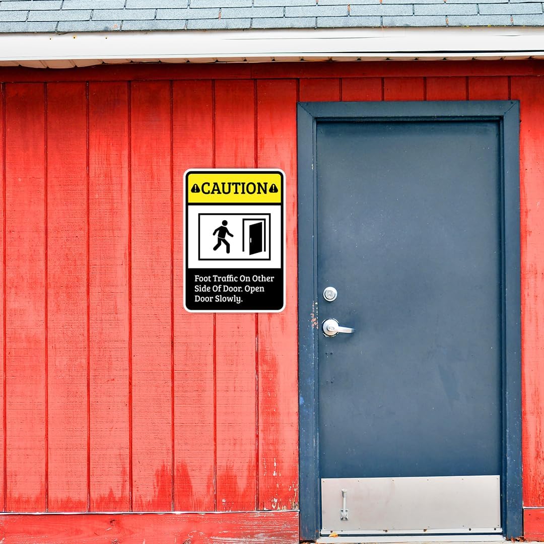 Portrait Round Plus Caution Foot Traffic On Other Side Of Door. Open Door Slowly. Wall or Door Sign | Safety Signage - Medium (Pack of 2)