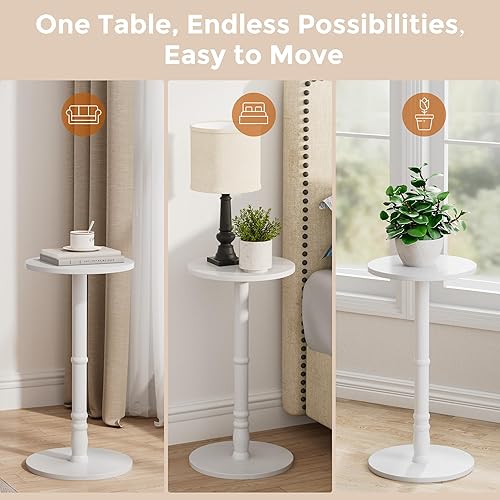 Miniatura 8 de Juego de 2 mesas auxiliares redondas, pilar de madera maciza con parte superior y base de madera, mesa decorativa para bebidas pequeñas para sala de