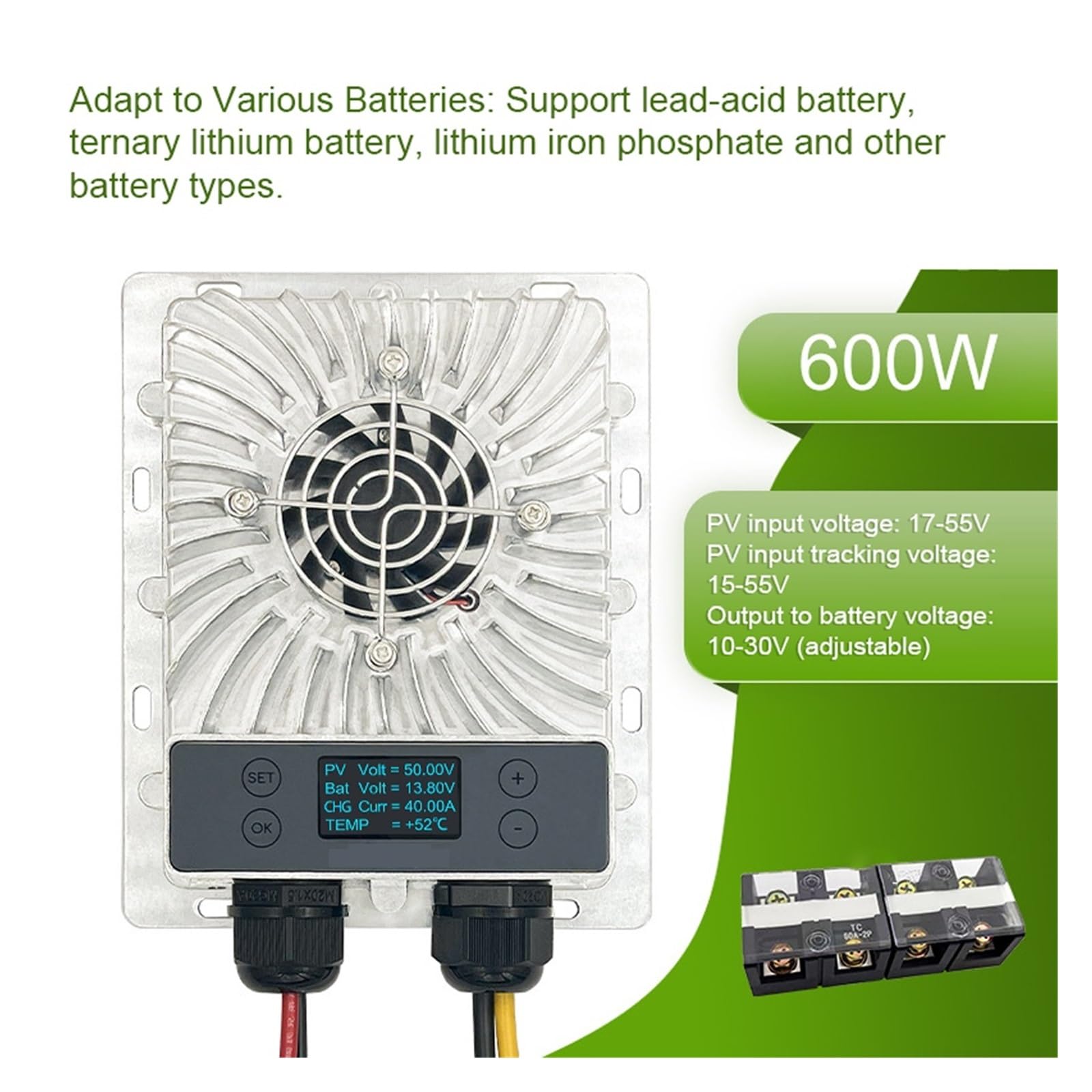 Regolatore di carica solare, Regolatore solare MPPT da 600 W Tensione 10-30 V regolabile con display LCD Monitoraggio del punto di massima potenza Step-down fotovoltaico