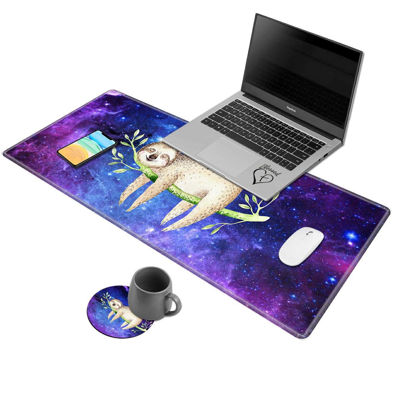 Larger Extended Desk Pad,AIRWEE Non-Slip Base Writing Desk Pad Keyboard Mat with Stitched Edges Foldable Mouse Pad for Work & Desktop,Cute Sloth Starry Sky