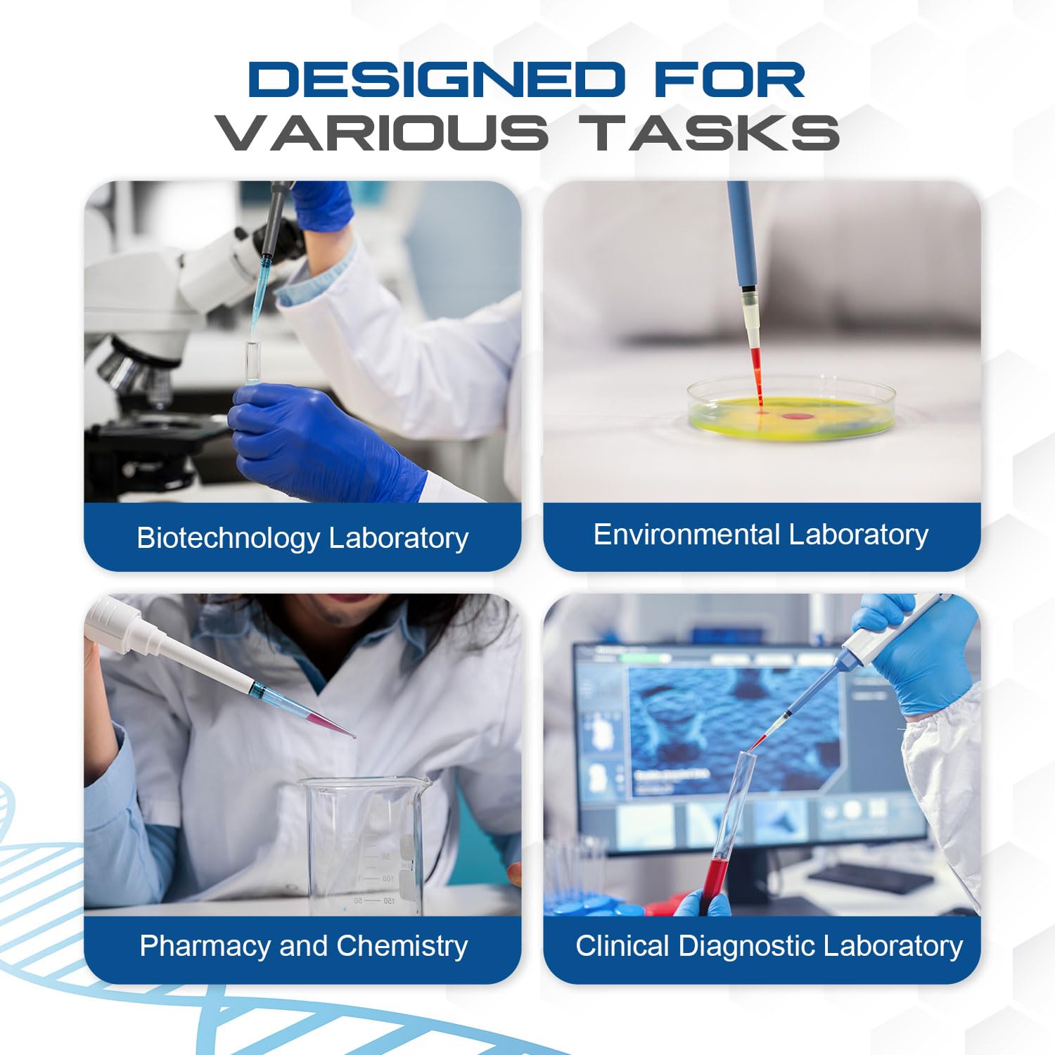 Dynarex LabChoice Universal Pipette Tips - for Precise Liquid Transfer, Polypropylene, Sterilizable, Clear, 100-1250 µl - 1 Box of 10 Racks, 96 Tips/Rack, 960 Count