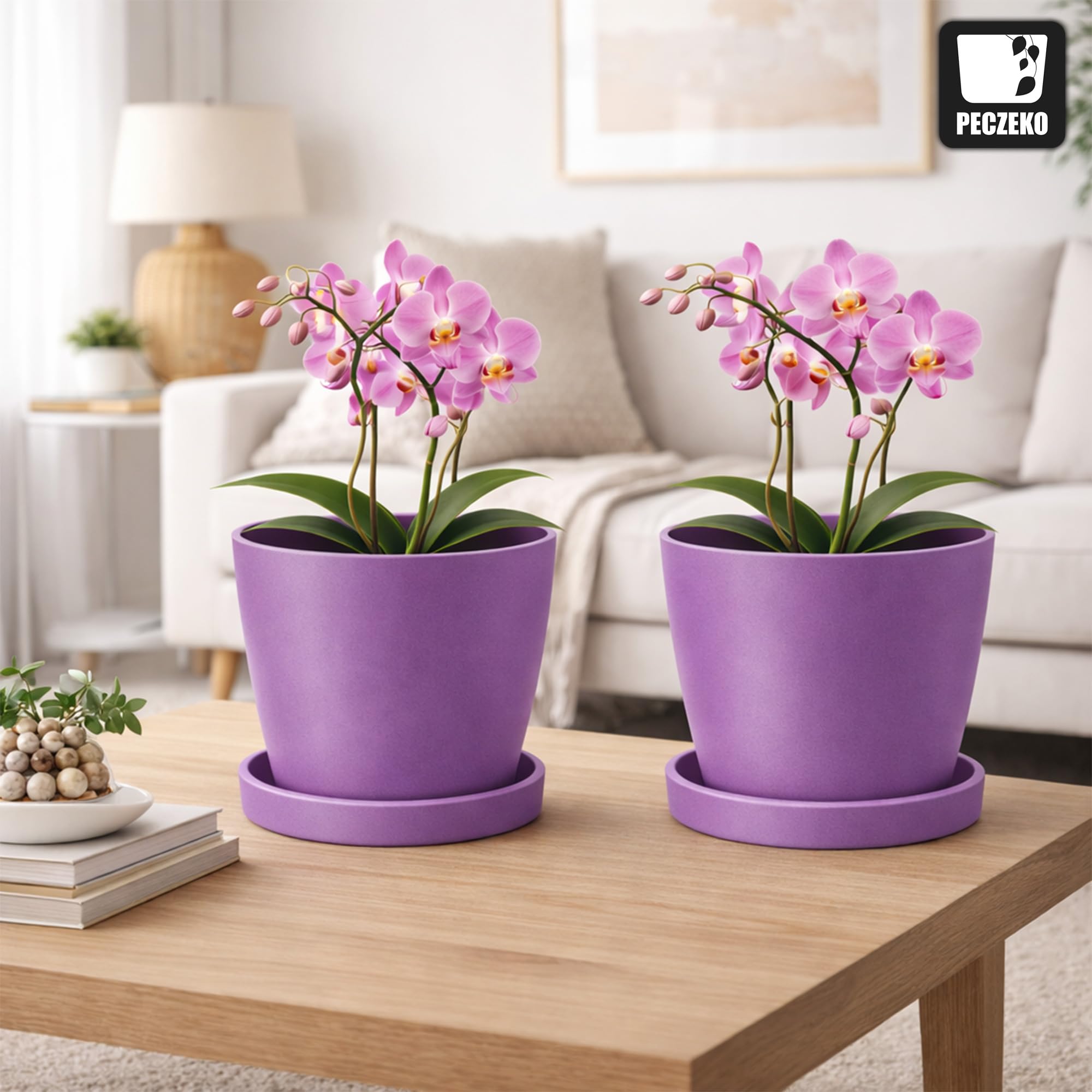 Maceta mate, cubierta de plástico, maceta decorativa para plantas de cualquier tamaño, juego de 2 macetas con platillos, maceta para hierbas, púrpura, ø 30 cm