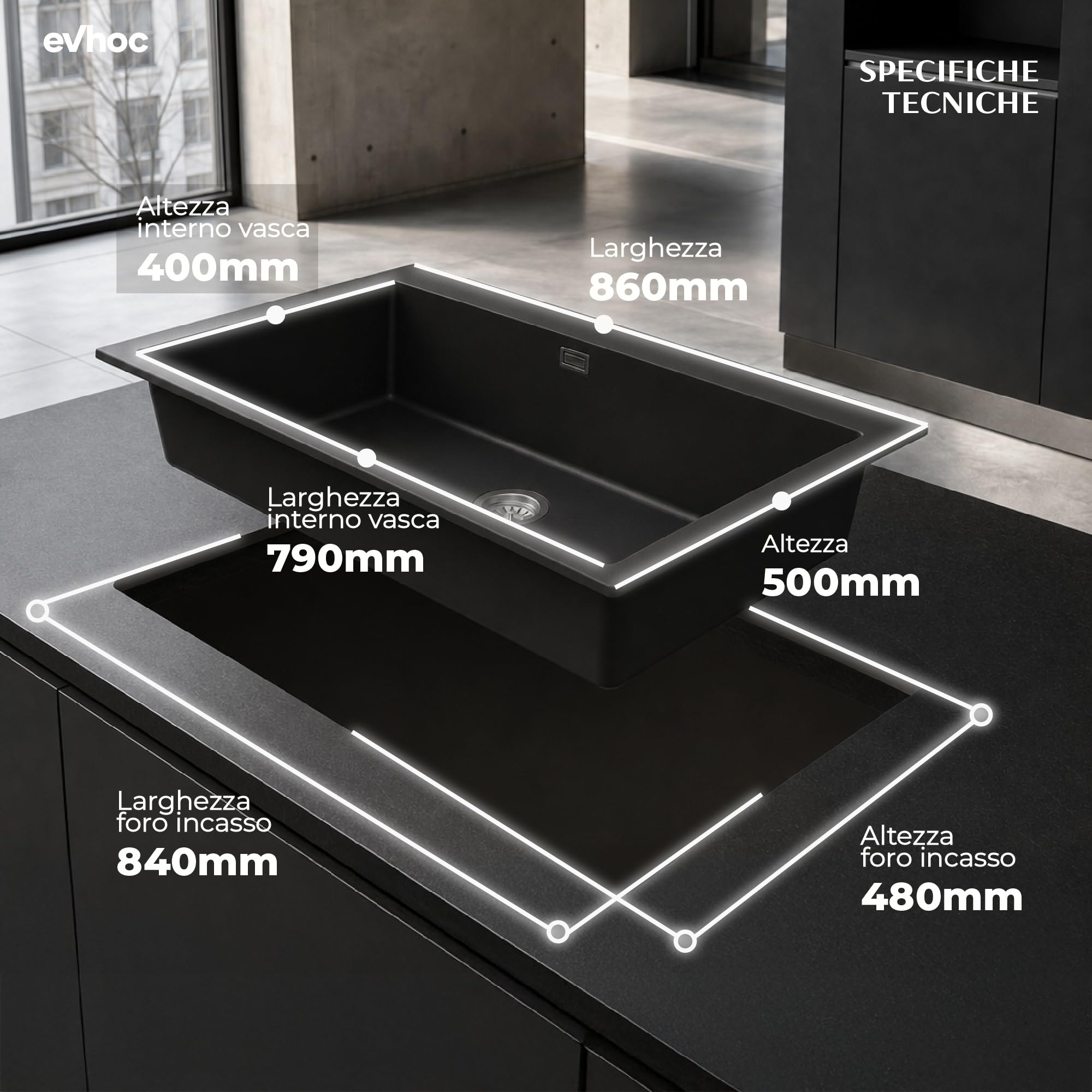 EVHOC Lavello Cucina Sopratop 1 Vasca 86x50 cm, Nero, NHEO XXL