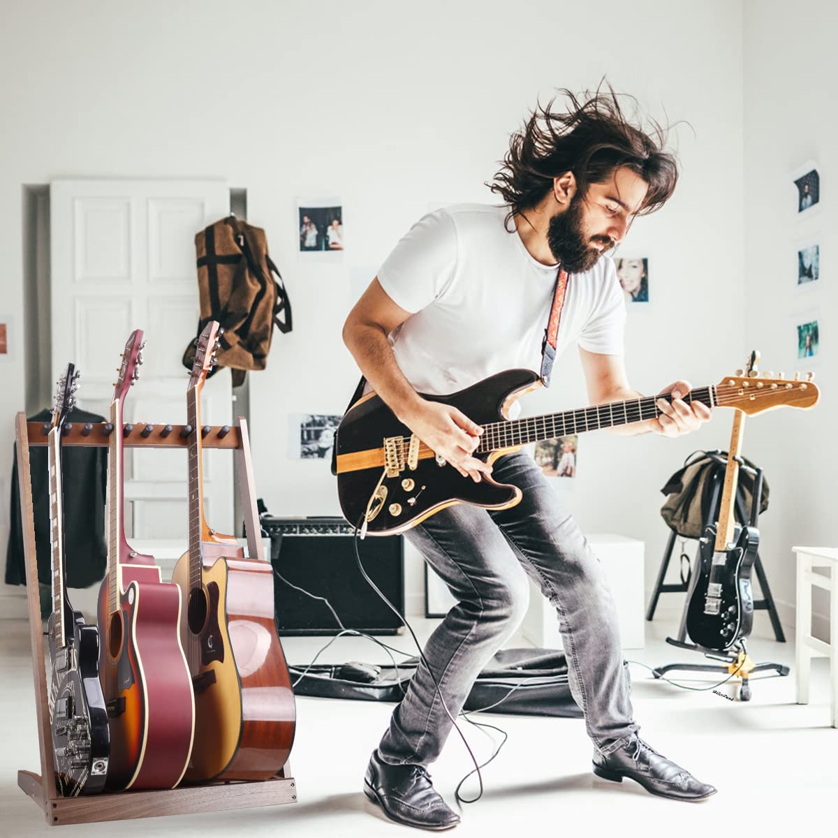 KingPoint Soporte de piso para guitarra, soporte de exhibición de guitarras de madera, soporte de guitarra multicabeza, organizador de colección de guitarra, con ranura para púas de guitarra