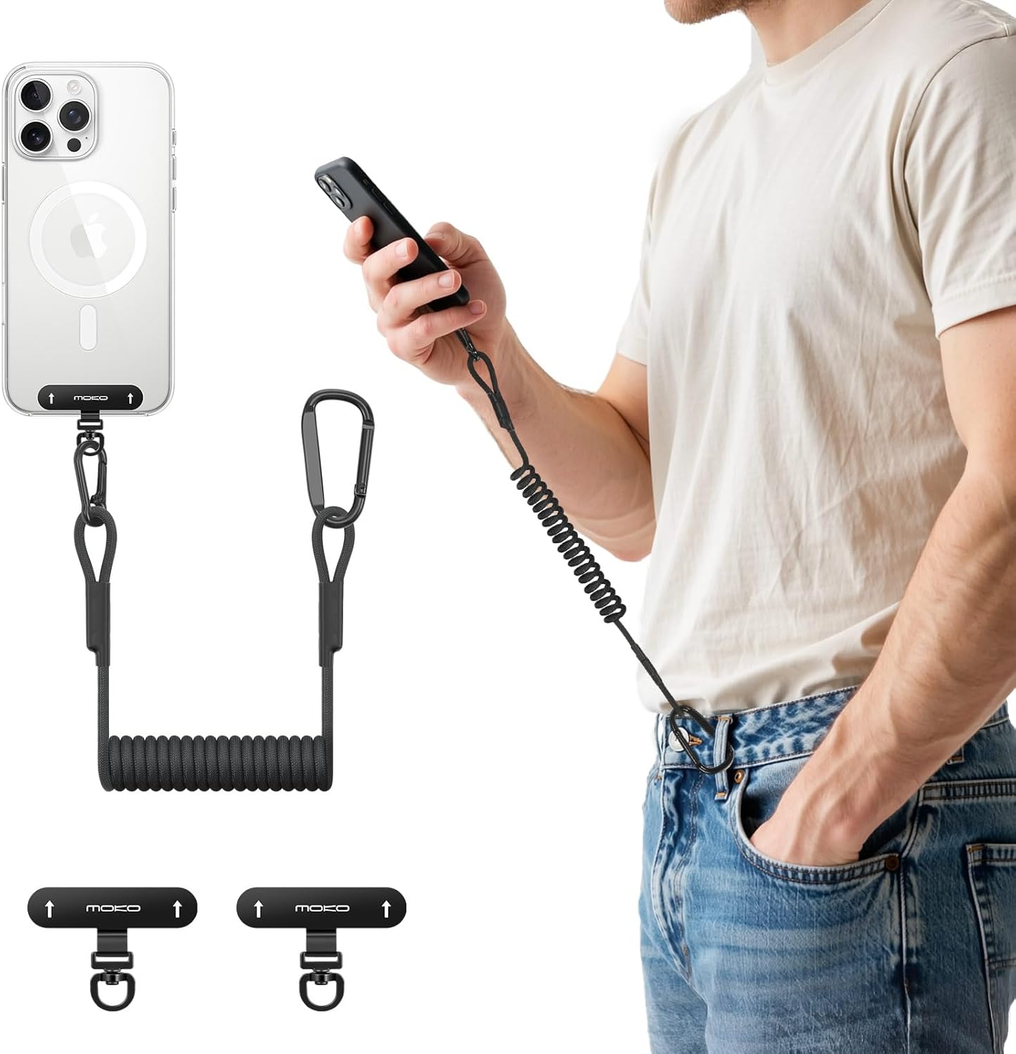 MoKo Anti-Theft Phone Tether Leash Harness, Retractable Phone Lanyard Strap with Carabiner Clip for Outdoor Hiking