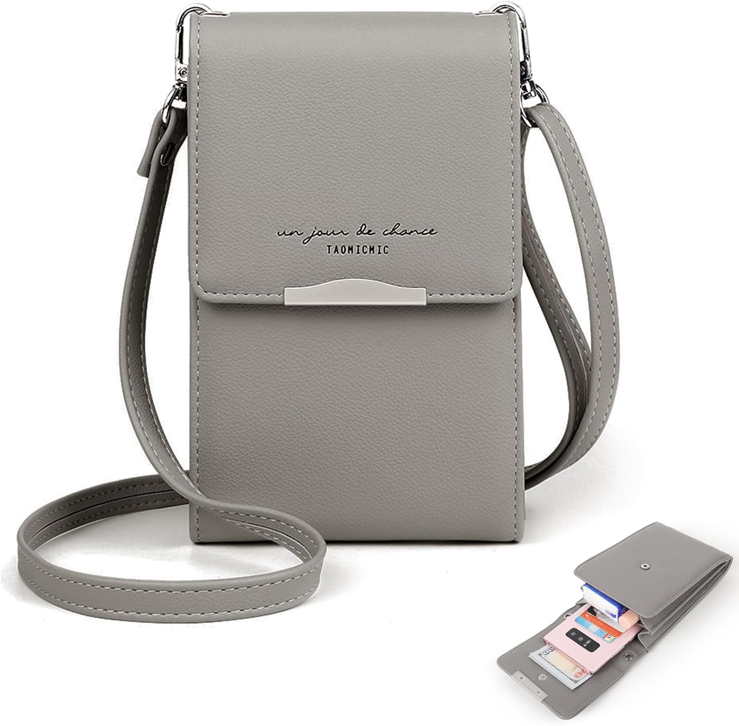 Katech Pochette Téléphone Portable 6,5 », Sac Bandoulière Femme, Petit Portefeuille Cuir PU pour Smartphone, CB, Clé, Sacoche Bandoulière, Pochette Téléphone Portable, Gris
