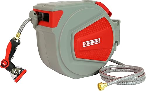 Miniatura 2 de Chapin 5999 Carrete de manguera de jardín retráctil de 65 pies, funda resistente para montaje en pared y montaje en marco giratorio de 180, manguera