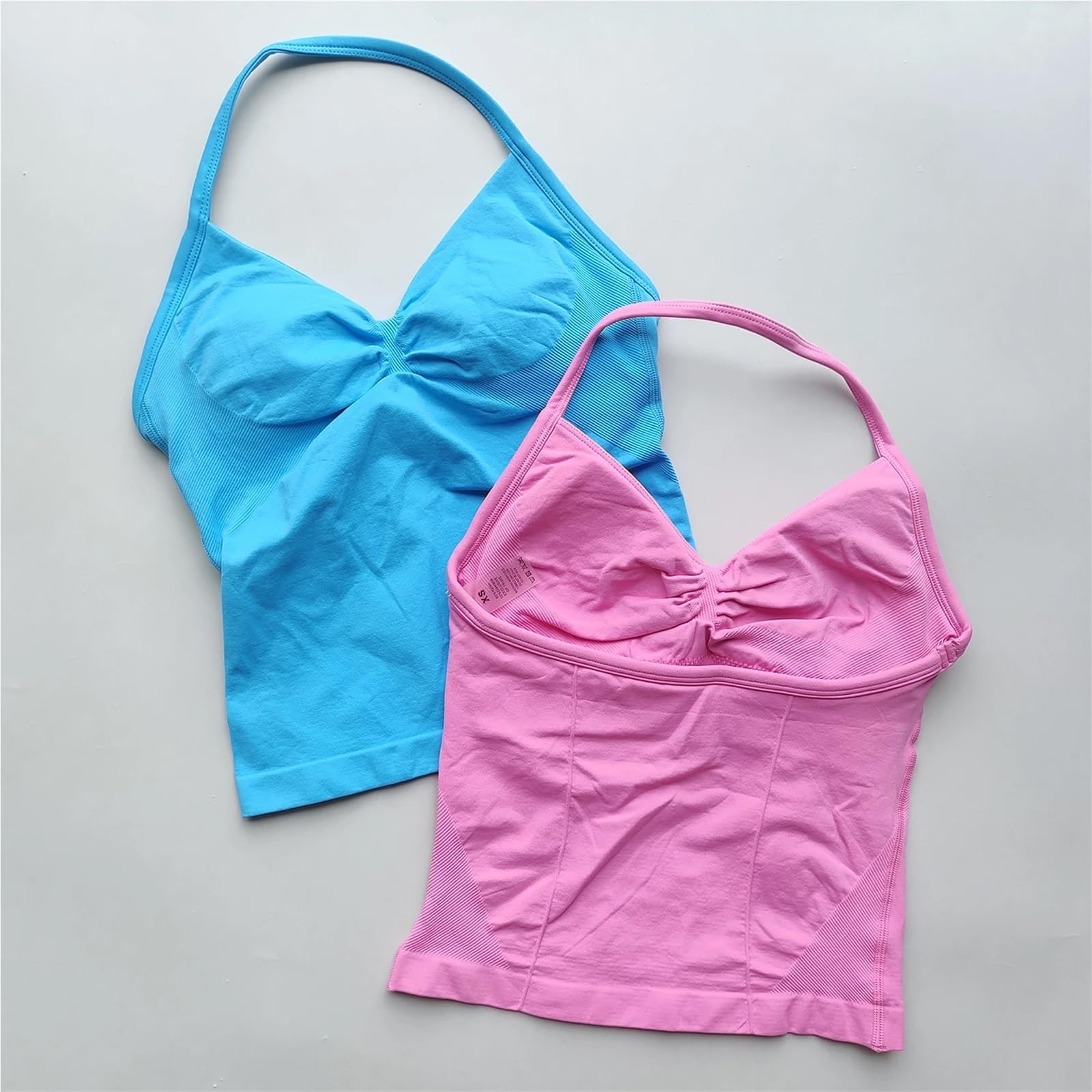 Maglietta da yoga Top da palestra con spalline, senza schienale, abbigliamento donna, reggiseno arricciato incorporato coppe rimovibili, canottiere yoga per donne