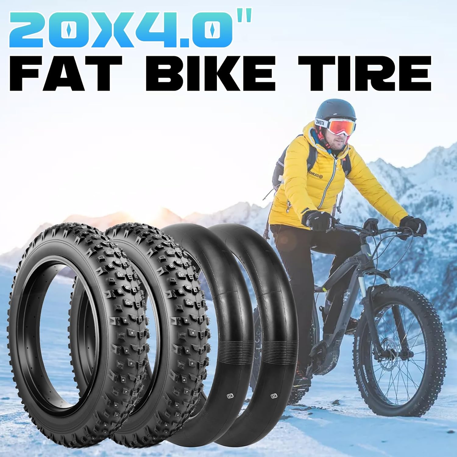 20x4.0/26x4.0 Studded Snow Bike Tires - Deep Tread Winter Tire with Steel Spikes for Snow and Sand Terrains - Anti-Slip Bicycle Tires for Off-Road Cycling