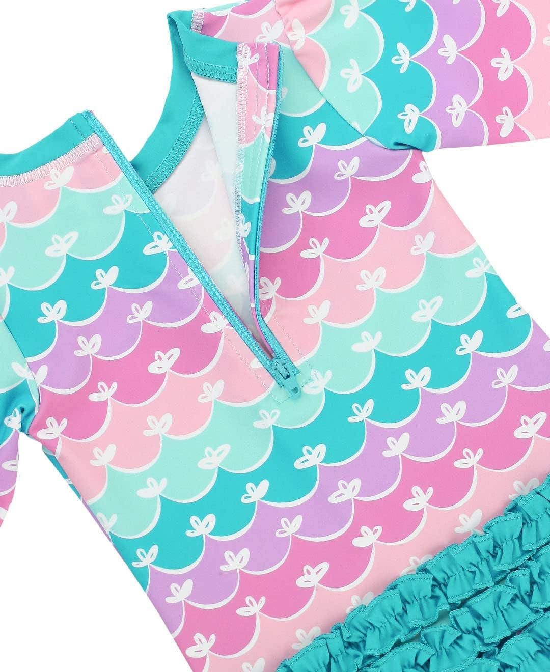 RuffleButts Baby Girls UPF 50+ Sun Protection Novelty Print Long Sleeve One Piece Rash Guard Swimsuit with Zipper - Mermaid/Aqua, 3T