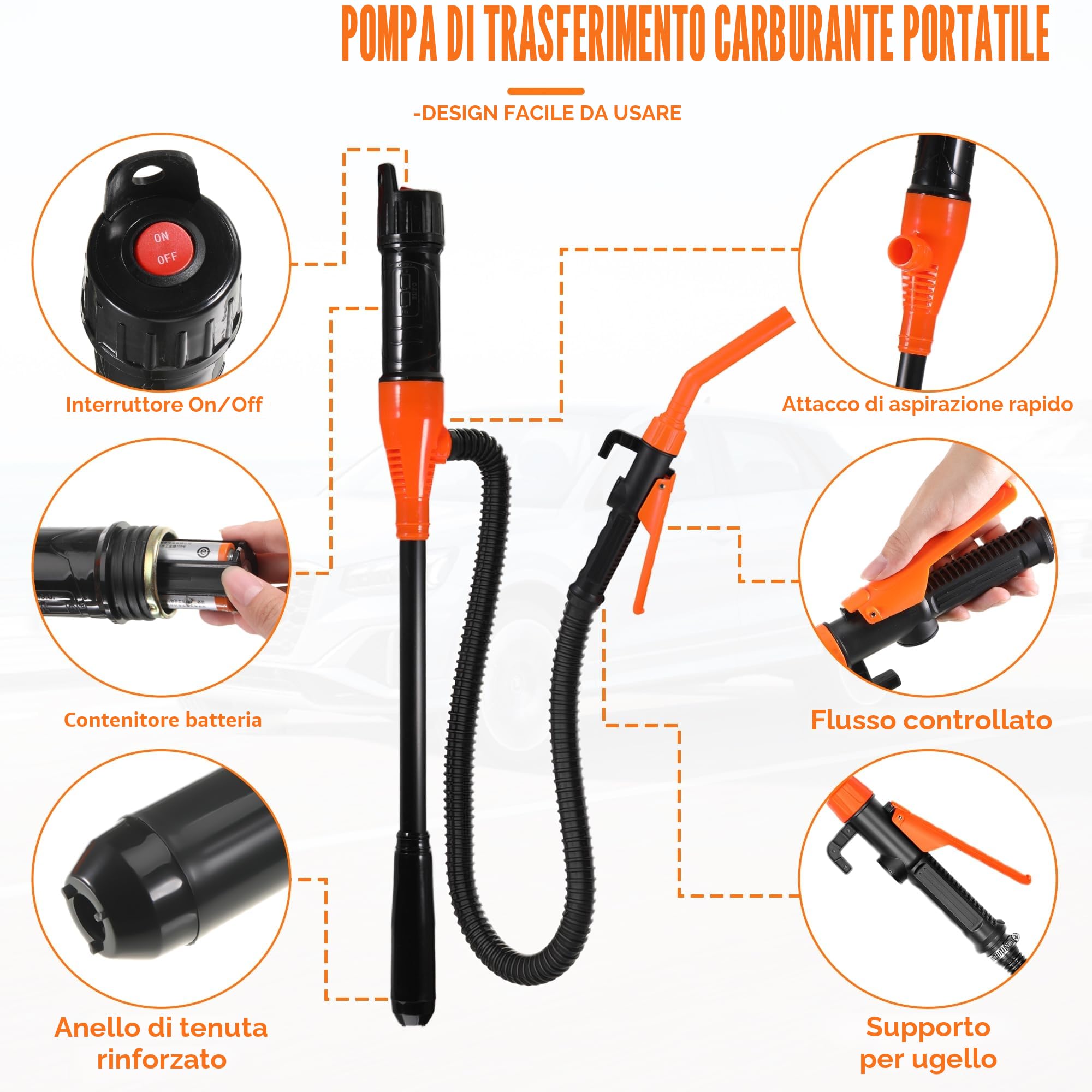Pompa a Batteria Elettrica per Trasferimento Liquidi - Sifone Automatico per Benzina e Tanica - Aspirazione per Carburante